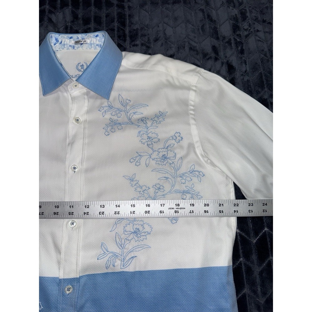 Bugatchi Uomo Men White Blue Floral Embroidered Shaped Fit Button Down Sz M - Picture 8 of 10